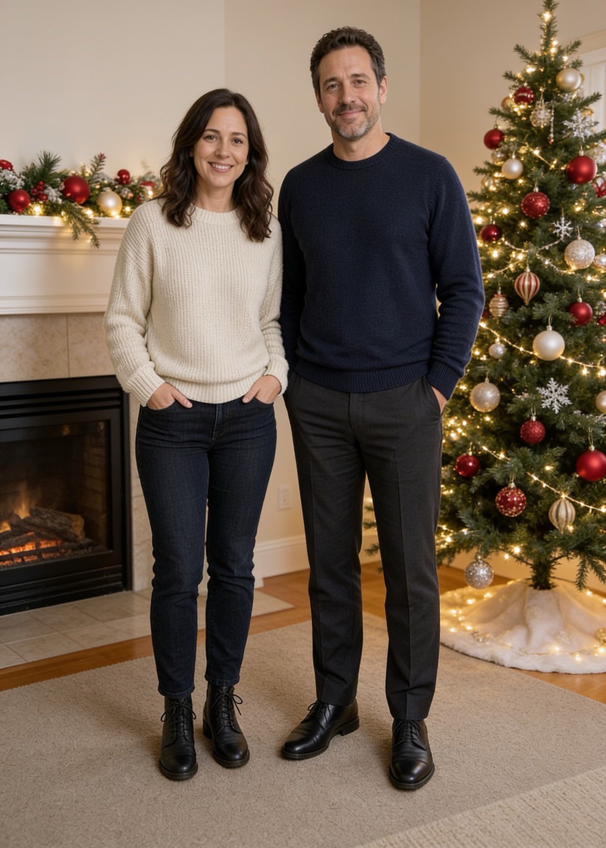 Sample output of ByteDance Seedream 4.5 Edit, not a customer photo: the same two adults in front of a decorated fireplace and a Christmas tree.