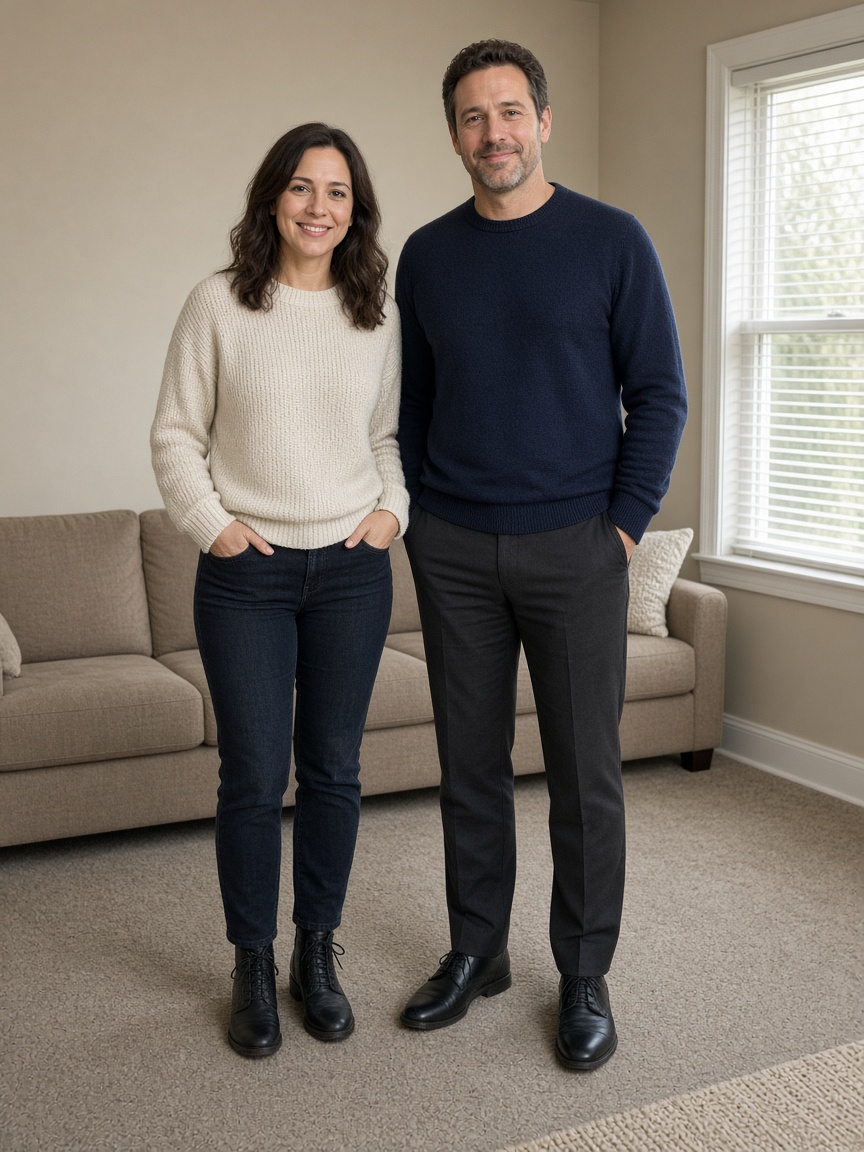 Staged sample photo, not a customer photo: two adults in ordinary clothes in a plain living room, before a fireplace Christmas edit.