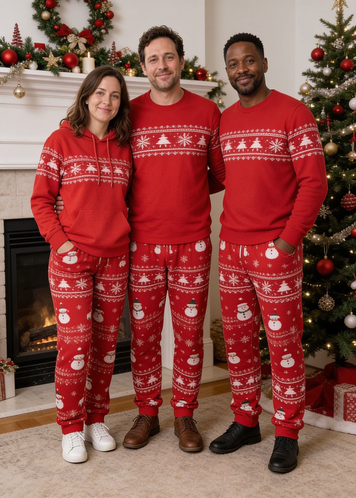 Sample output of ByteDance Seedream 4.5 Edit, not a customer photo: the same three adults in matching red Christmas pajamas beside a tree.