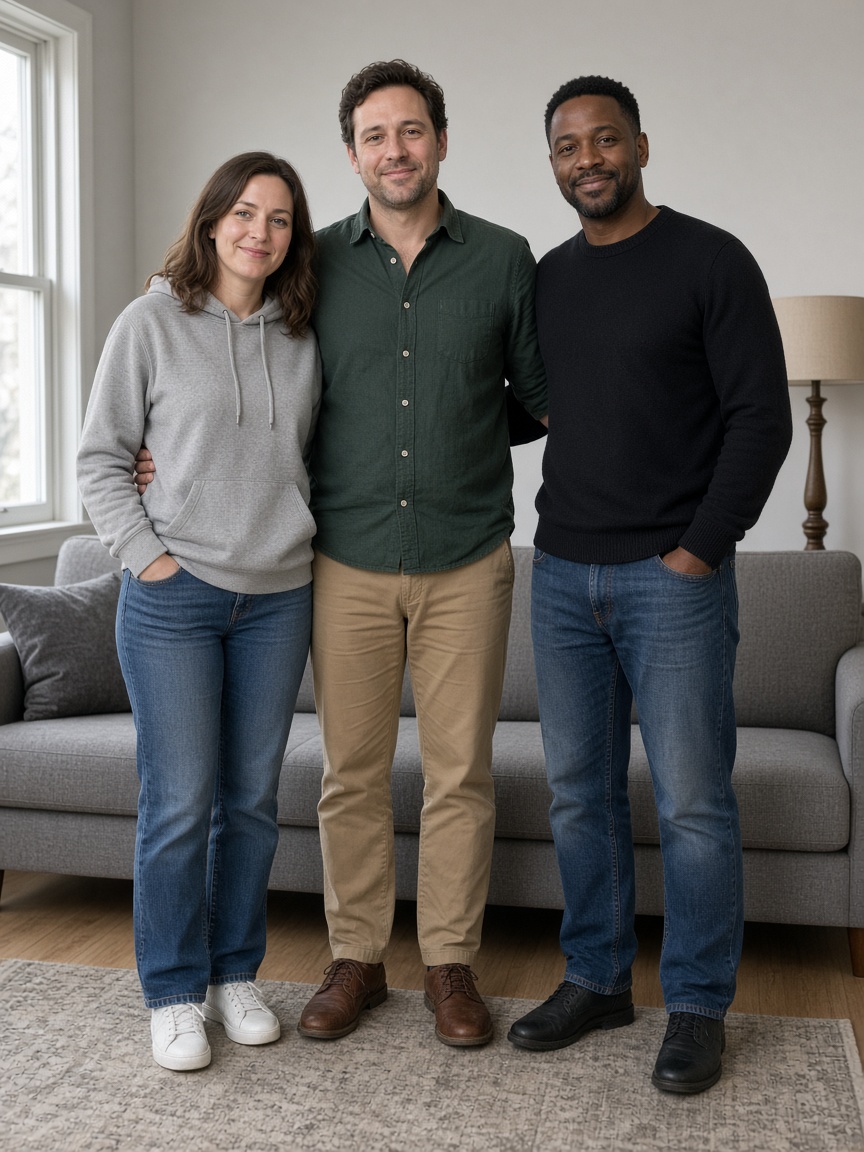 Staged sample photo, not a customer photo: three adults in ordinary clothes, before a matching red pajama Christmas edit.