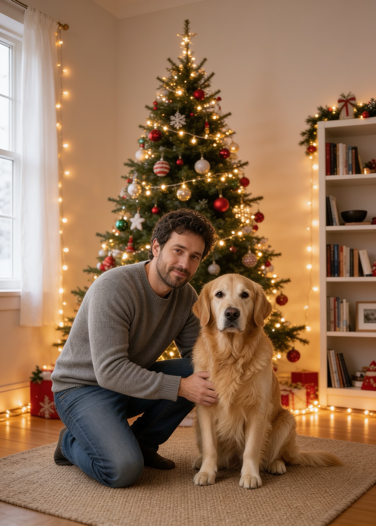 Sample output of ByteDance Seedream 4.5 Edit, not a customer photo: the same adult and dog in a room with a Christmas tree.