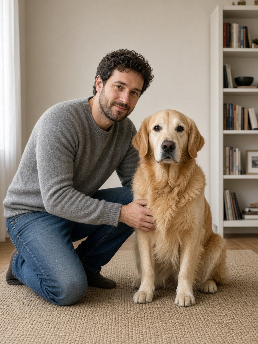 Staged sample photo, not a customer photo: one adult kneeling beside a golden retriever in a plain room.