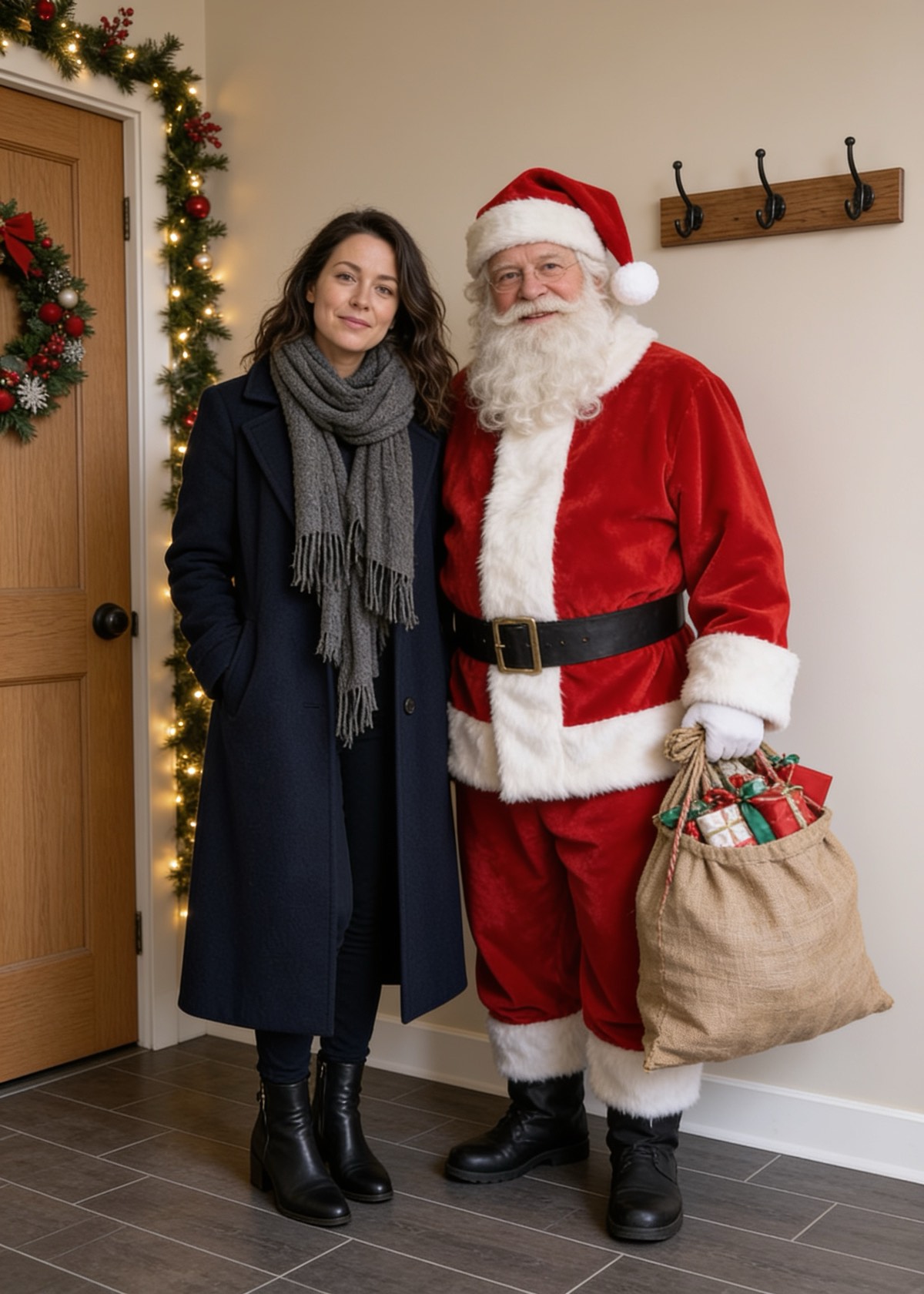 Sample output of ByteDance Seedream 4.5 Edit, not a customer photo: the same adult standing beside a separate Santa. Santa is not a replacement of their face.